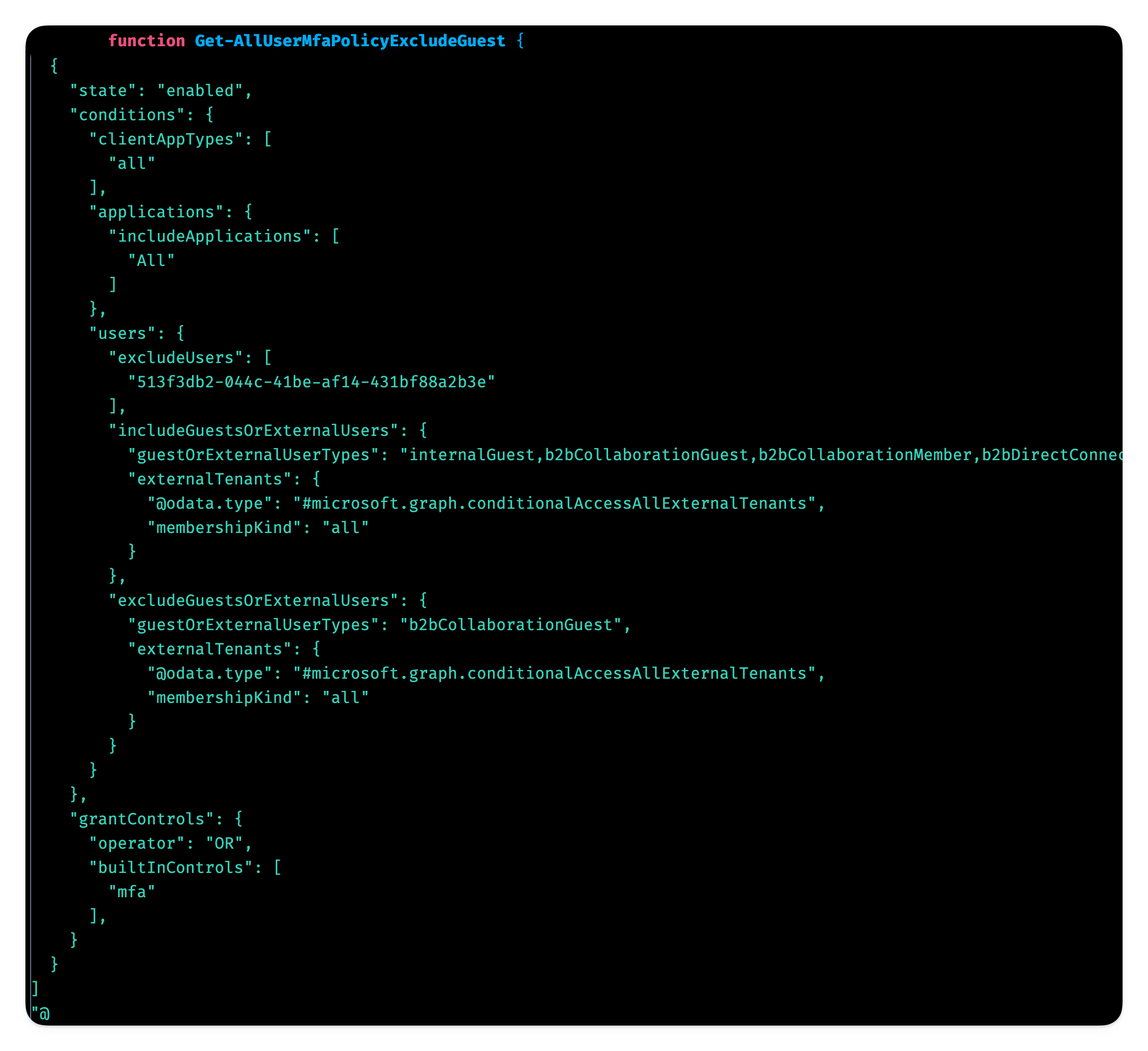 JSON of CA policy used for mocking tests