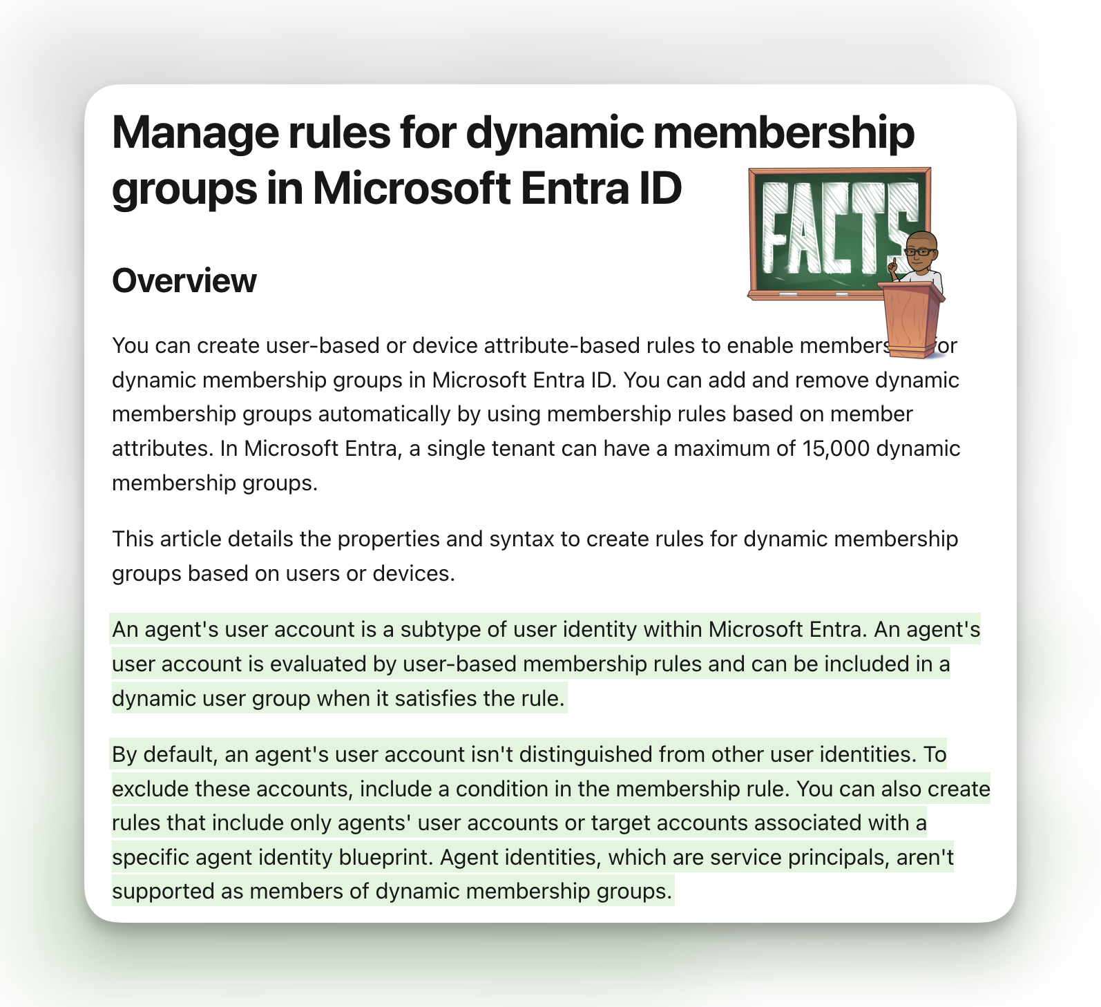 Microsoft Learn documentation explaining how agent user accounts are evaluated by dynamic membership rules