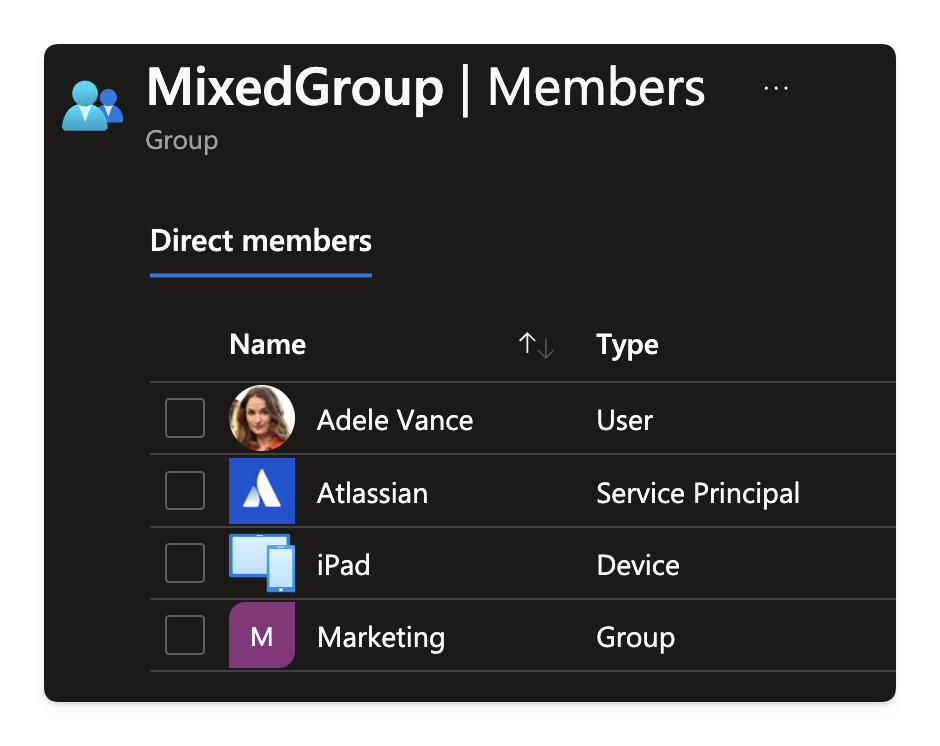 Screenshot of an Entra group that contains users, groups and devices